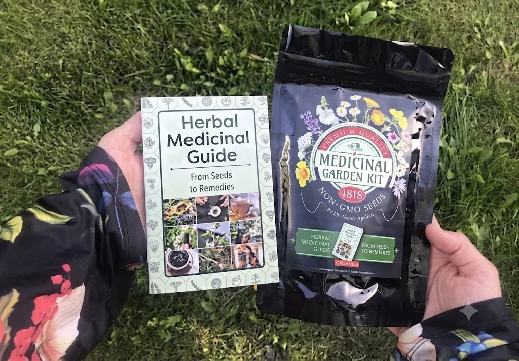 Hands holding the Herbal Medicinal Guide book and Medicinal Garden Kit seed pack